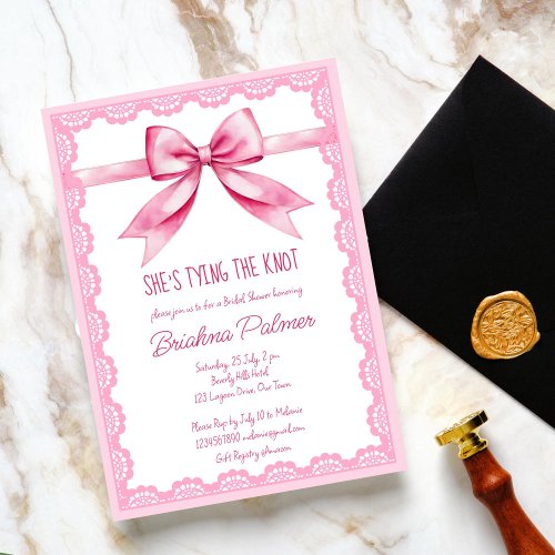 Shes tying the knot pink bow bridal shower invitation