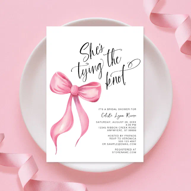 She S Tying The Knot Pink Bow Bridal Shower Invitation Zazzle