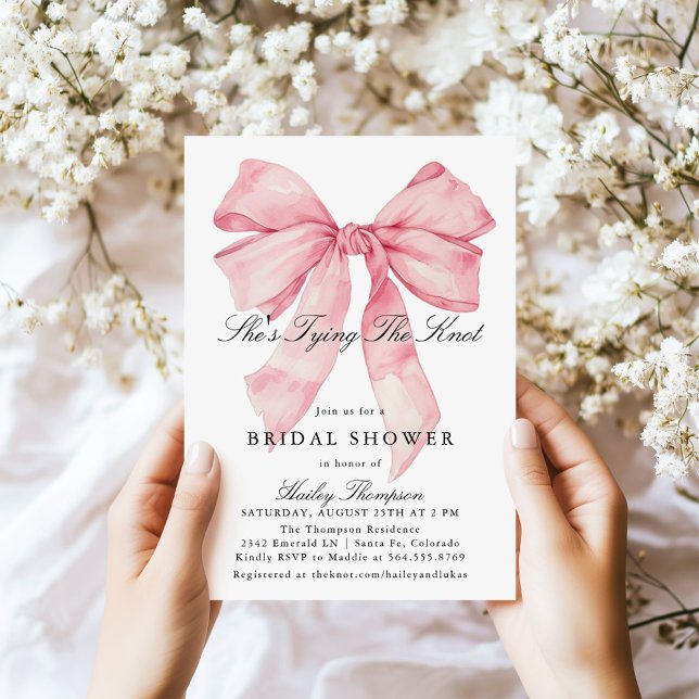She's Tying The Knot Pink Bow Bridal Shower Invitation (Creator Uploaded)