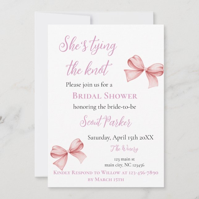 She's Tying the Knot Pink Bow Bridal Shower Invitation (Front)