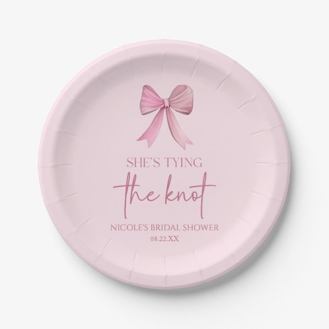 She's Tying The Knot Pink Bow Bridal Shower Paper Plates (Front)