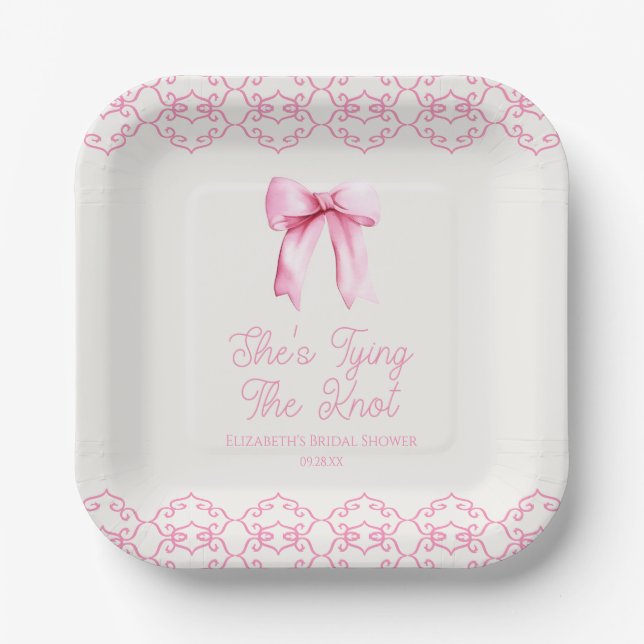 She's Tying The Knot Pink Bow Bridal Shower Paper Plates (Front)