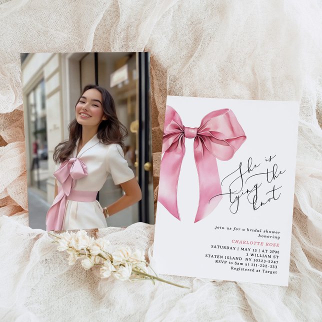 She's tying the knot Pink Bow Bridal shower photo Invitation (Creator Uploaded)