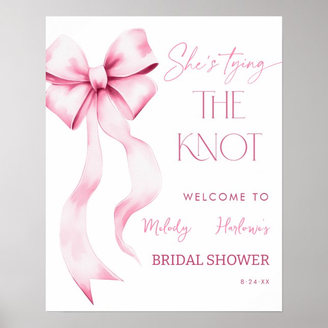 She's Tying the Knot Pink Bow Bridal Shower Poster (Front)
