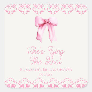 She's Tying The Knot Pink Bow Bridal Shower Square Sticker