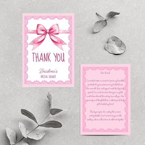 Shes tying the knot pink bow bridal shower thank you card