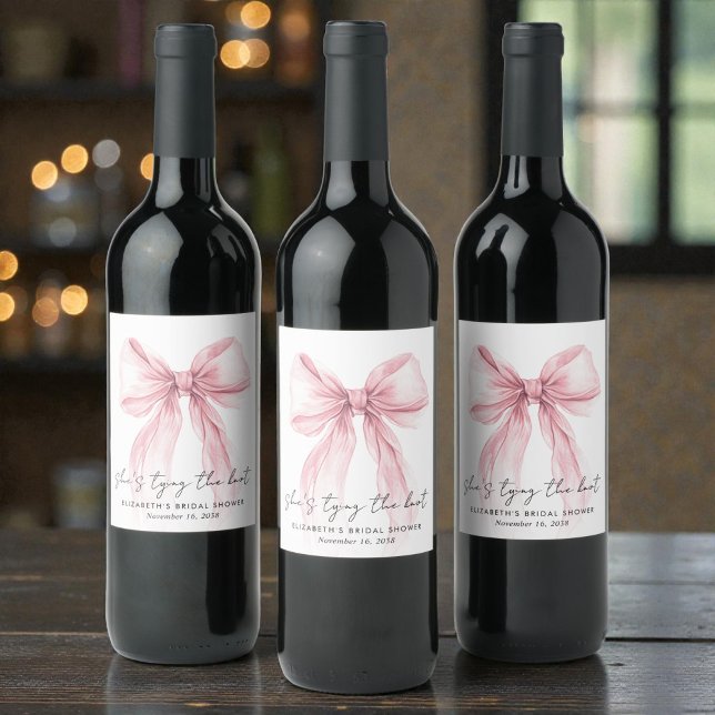 Shes Tying The Knot Pink Bow Bridal Shower Wine Label (Shes Tying The Knot Pink Bow Bridal Shower Wine Label)
