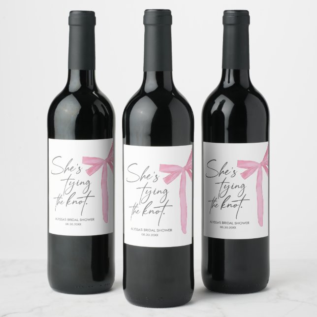 She's Tying The Knot Pink Bow Bridal Shower  Wine Label (Bottles)