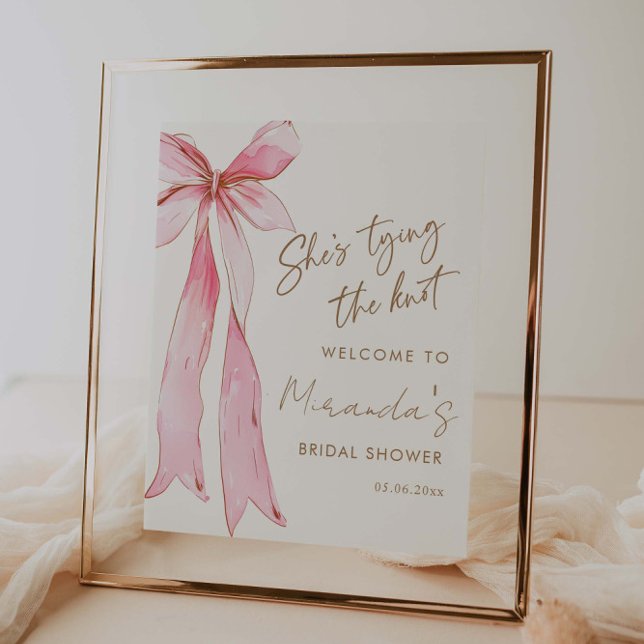 She's tying the knot pink bow bridal welcome poster (Creator Uploaded)