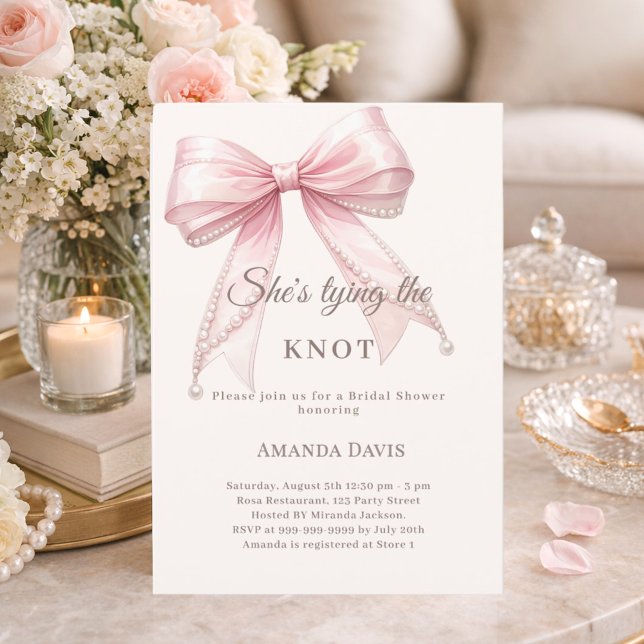 She's tying the knot pink bow pearls Bridal Shower Invitation (Creator Uploaded)