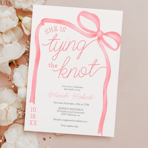 Shes tying the knot pink bow ribbon bridal shower invitation