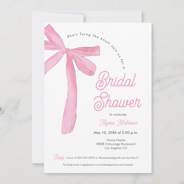 She's Tying the knot Pink Bow theme bridal shower  Invitation (Front)