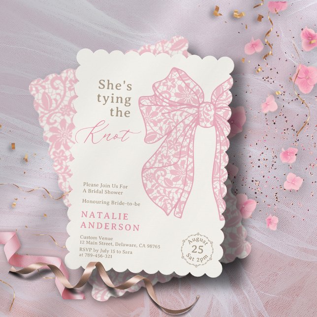 She's tying the Knot Pink Lace Bow  Bridal Shower Invitation (She's tying the Knot Pink Lace Bow Bridal Shower Invitation)