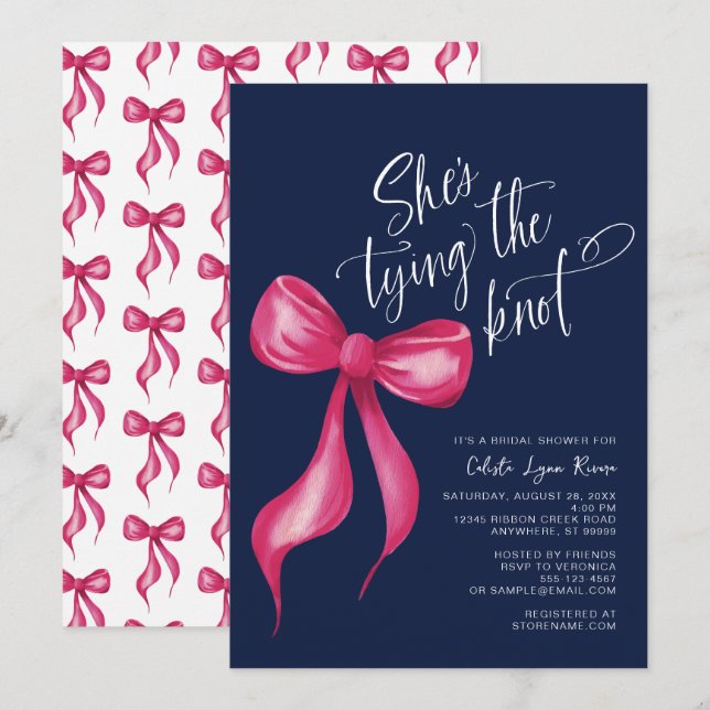She's Tying the Knot Pink Navy Bridal Shower Invitation (Front/Back)