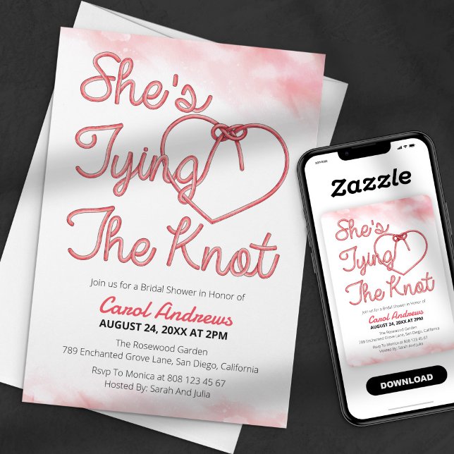 She's Tying the Knot Pink Rope Heart Bridal Shower Invitation (Creator Uploaded)