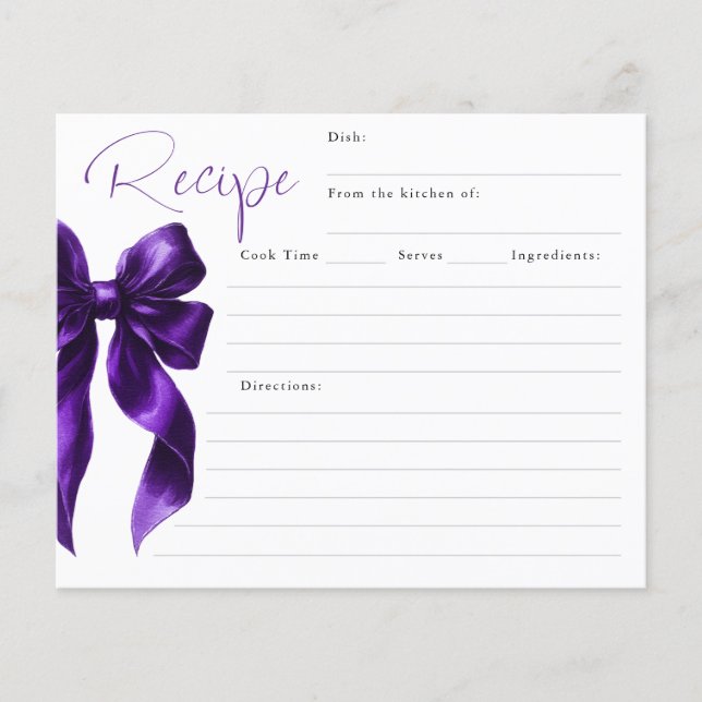 She's Tying the Knot Purple Bow Bridal Recipe Card (Front)