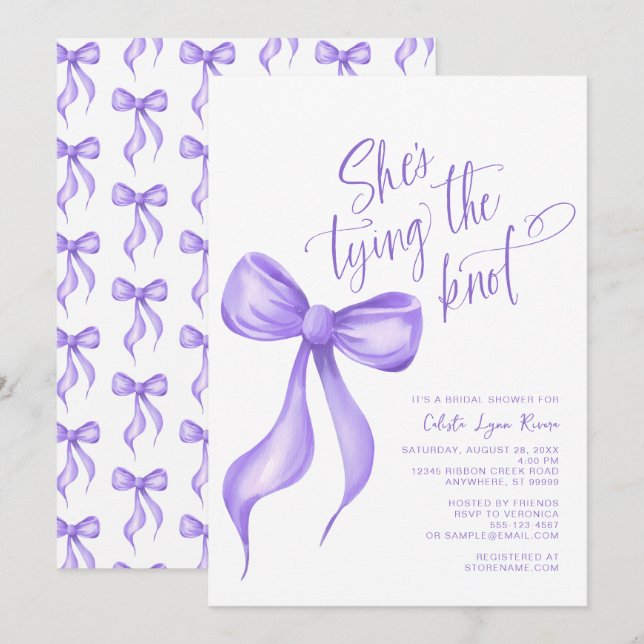 She's Tying the Knot Purple Bow Bridal Shower Invitation (Front/Back)