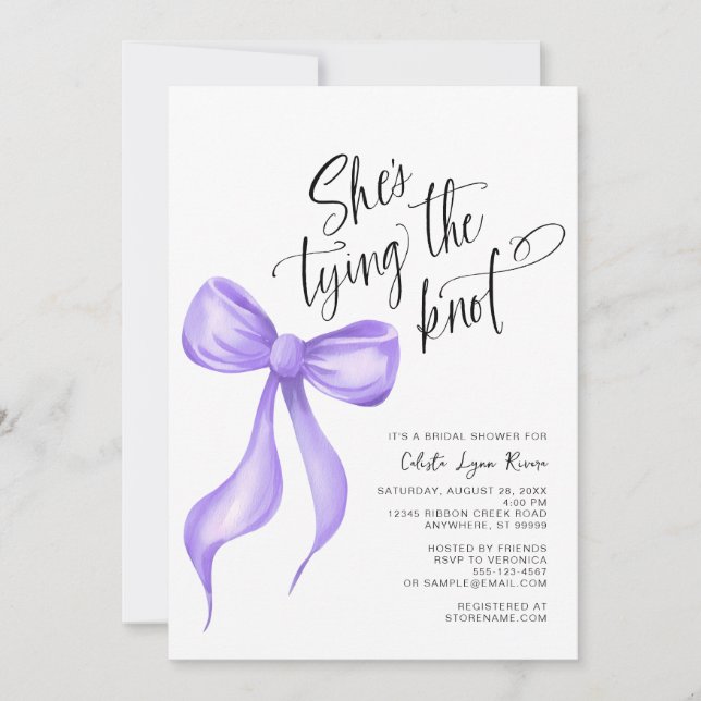 She's Tying the Knot Purple Bow Bridal Shower Invitation (Front)