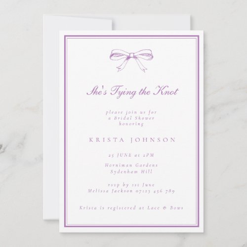 Shes Tying the Knot Purple Bow Bridal Shower Invitation