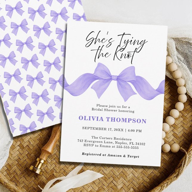 She's Tying the Knot Purple Bow Bridal Shower Invitation (Creator Uploaded)