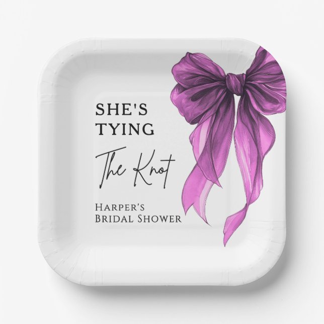 She's Tying The Knot Purple Bow Bridal Shower Paper Plates (Front)