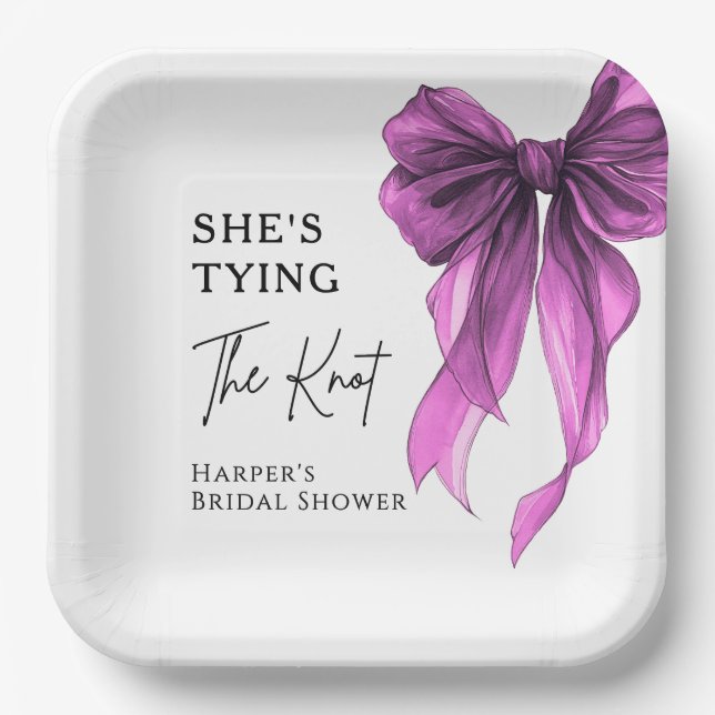 She's Tying The Knot Purple Bow Bridal Shower Paper Plates (Front)