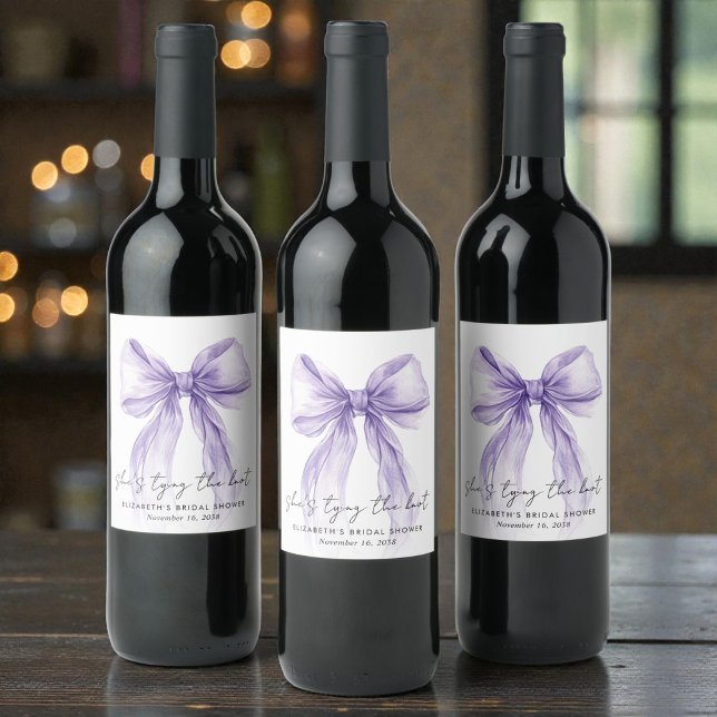 Shes Tying The Knot Purple Bow Bridal Shower Wine Label (Shes Tying The Knot Purple Bow Bridal Shower Wine Label)