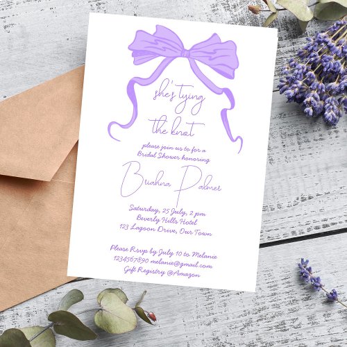 Shes tying the knot purple ribbon bow invitation