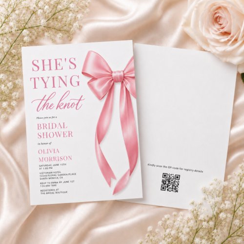 She's Tying The Knot QR Code Pink Bridal Shower Invitation