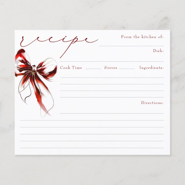 She's Tying the Knot Red Bow Bridal Recipe Card (Front)