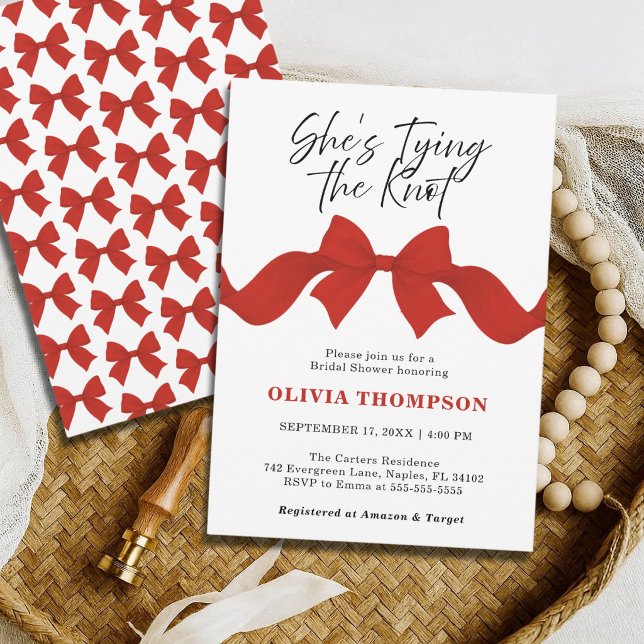 She's Tying the Knot Red Bow Bridal Shower Invitation (Creator Uploaded)