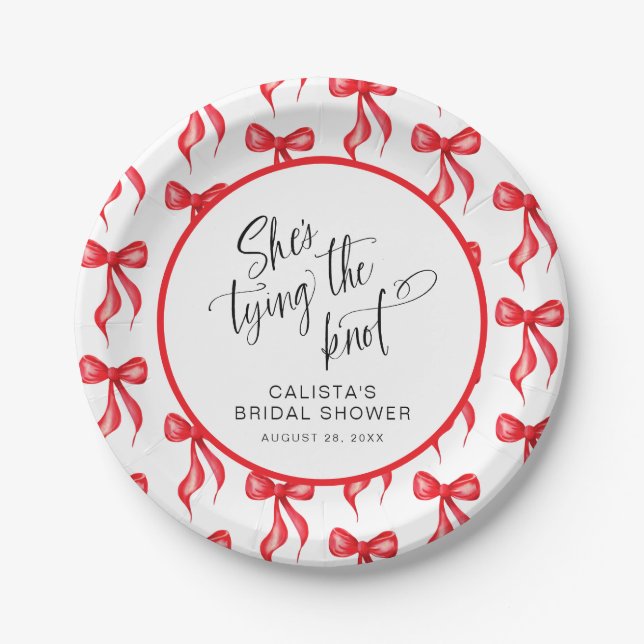 She's Tying the Knot Red Bow Bridal Shower Paper Plates (Front)