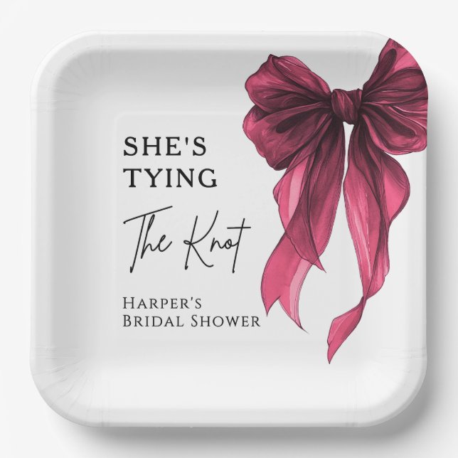 She's Tying The Knot Red Bow Bridal Shower Paper Plates (Front)