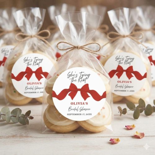 She's Tying the Knot Red Bow Bridal Shower Sticker