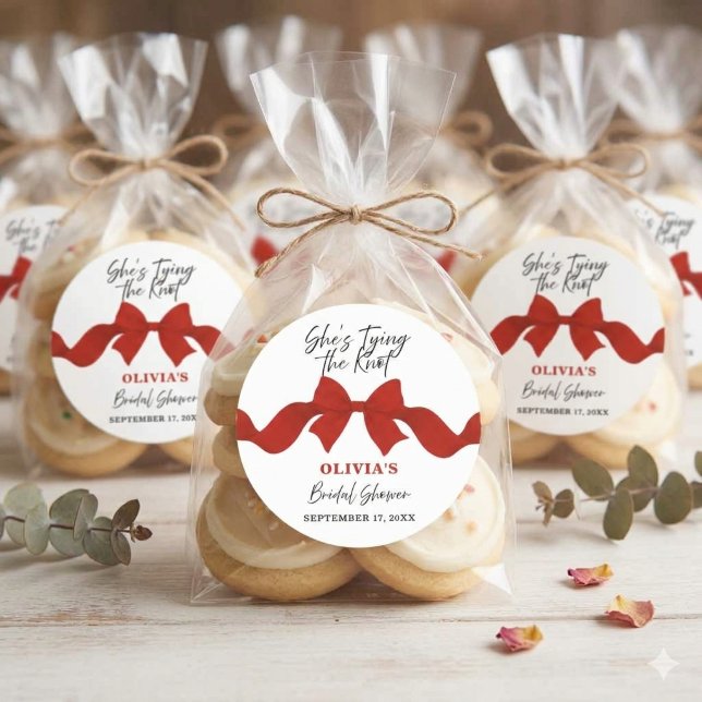 She's Tying the Knot Red Bow Bridal Shower Sticker (Creator Uploaded)