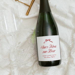 She's Tying The Knot Red Elegant Hand Drawn Bow Sparkling Wine Label