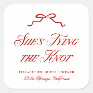 She's Tying The Knot Red Elegant Hand Drawn Bow Square Sticker