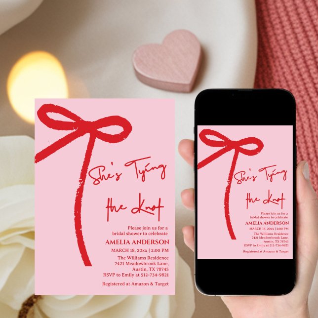  She's Tying the Knot Red,pink Bow Bridal Shower  Invitation (Creator Uploaded)