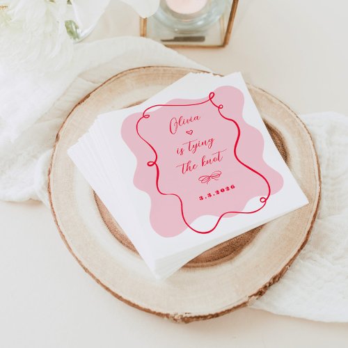 Shes tying the knot retro pink and red wavy frame napkins