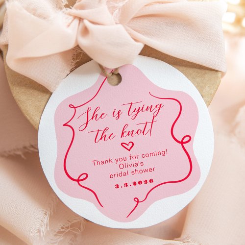 Shes tying the knot retro wavy pink and red favor tags