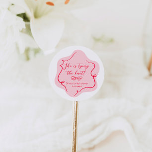 She's tying the knot retro wavy pink red classic round sticker