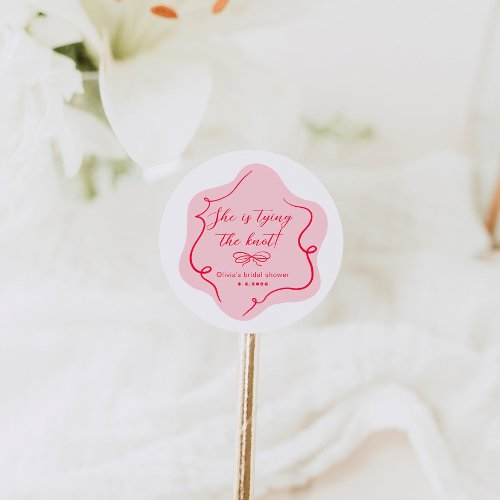 Shes tying the knot retro wavy pink red classic round sticker