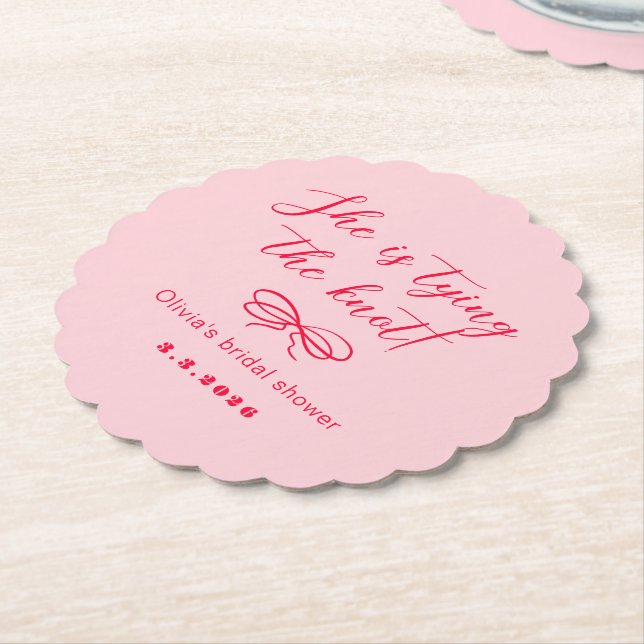 She's tying the knot retro wavy pink red paper coaster (Angled)