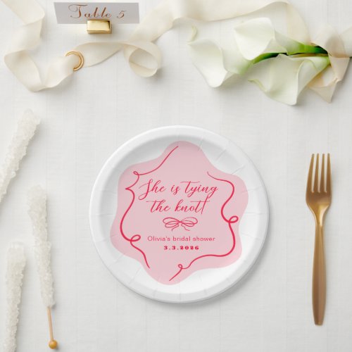 Shes tying the knot retro wavy pink red paper plates