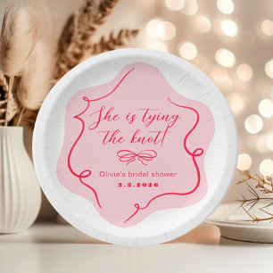 She's tying the knot retro wavy pink red paper plates
