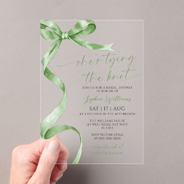 She's Tying the Knot Sage Green Bow Bridal Shower Acrylic Invitations (Insitu (Handheld))