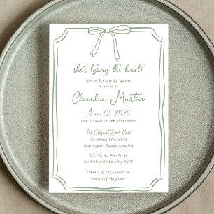 She's Tying the Knot Sage Green Bow Bridal Shower Invitation