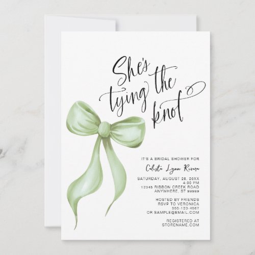 Shes Tying the Knot Sage Green Bow Bridal Shower Invitation