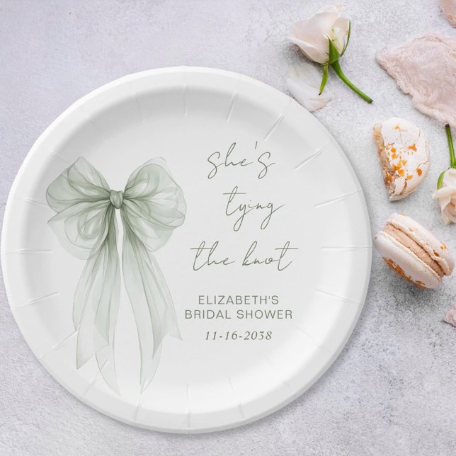 She's Tying The Knot Sage Green Bow Bridal Shower Paper Plates (She's Tying The Knot Sage Green Bow Bridal Shower Paper Plates)