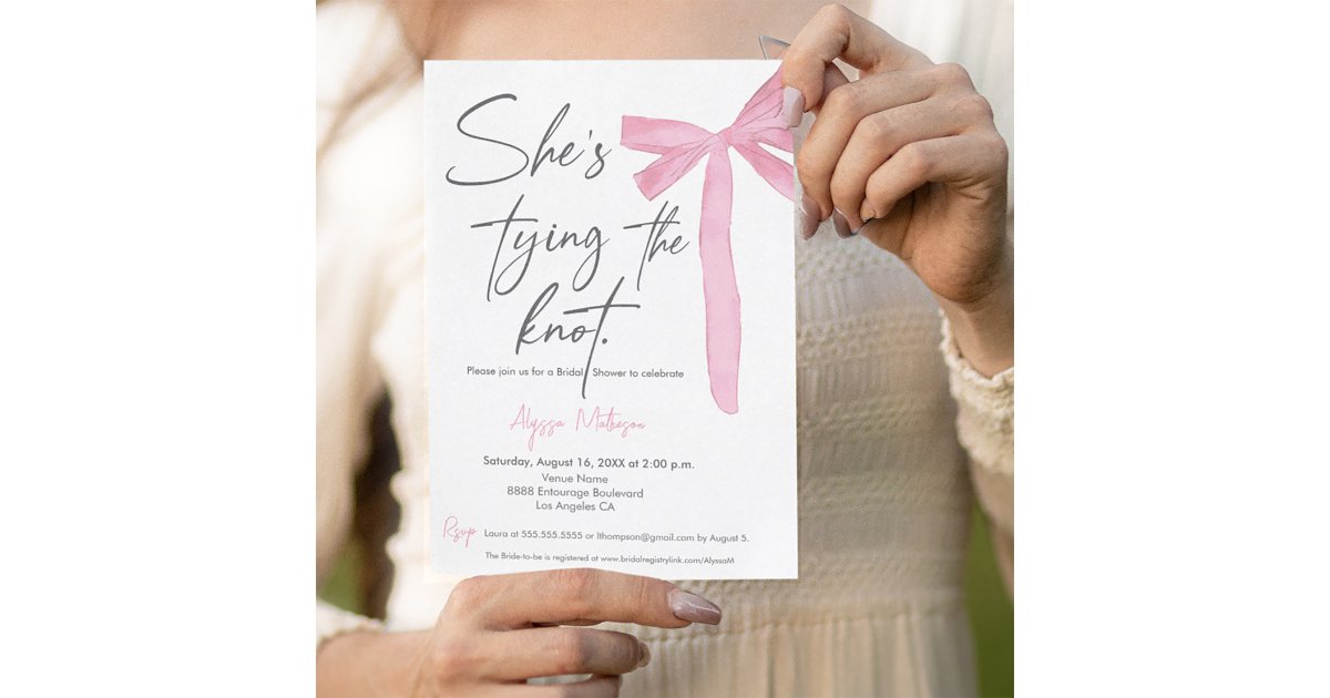 She's Tying the knot Script Pink Bow Bridal Shower Invitation | Zazzle